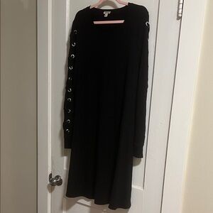 Spense Black Knit A-Line Long Sleeve Dress with Grommet Details